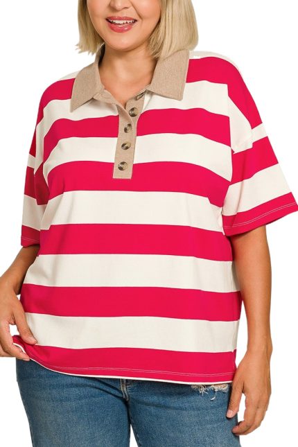 Plus Striped Collared Polo Top