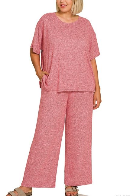 Plus Soft Melange Short Sleeve Tee And Long Pants Set