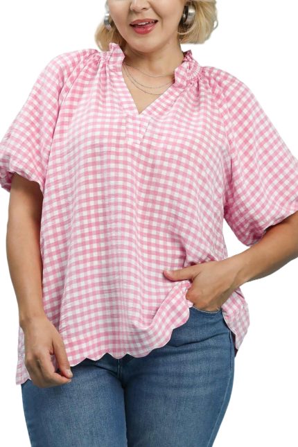 Plus Gingham Bubble Sleeve V-neck Top