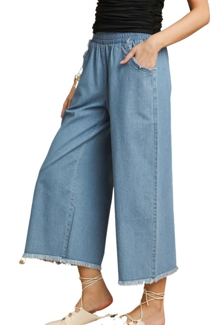 Washed Denim Pants With Fringe Hem