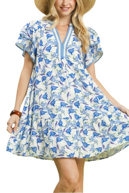 Floral Flutter Sleeve Tiered Dress
