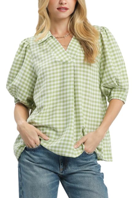 Gingham Puff Sleeve Collared Blouse
