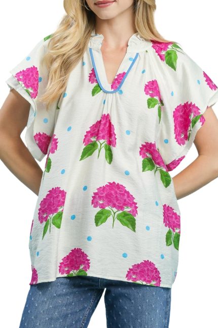 Hydrangea Print Flutter Sleeve Top
