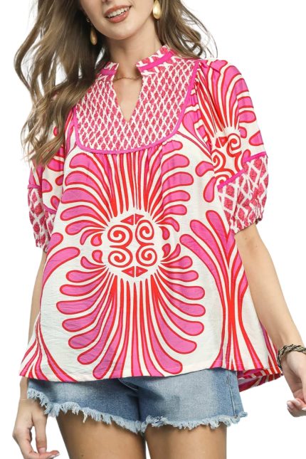 Bold Print Split Neck Short Sleeve Boho Blouse