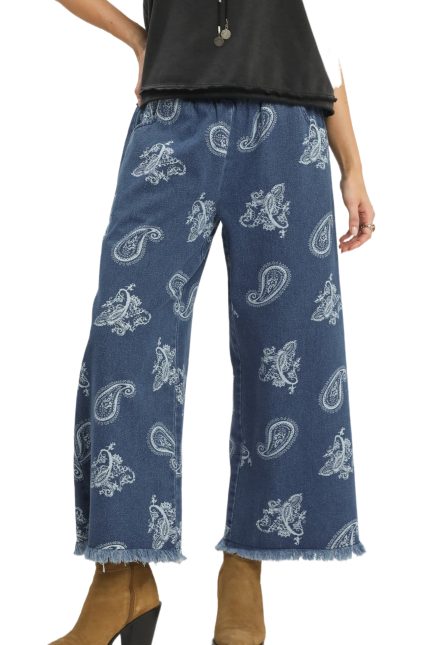 Denim Paisley Wide-leg Pants