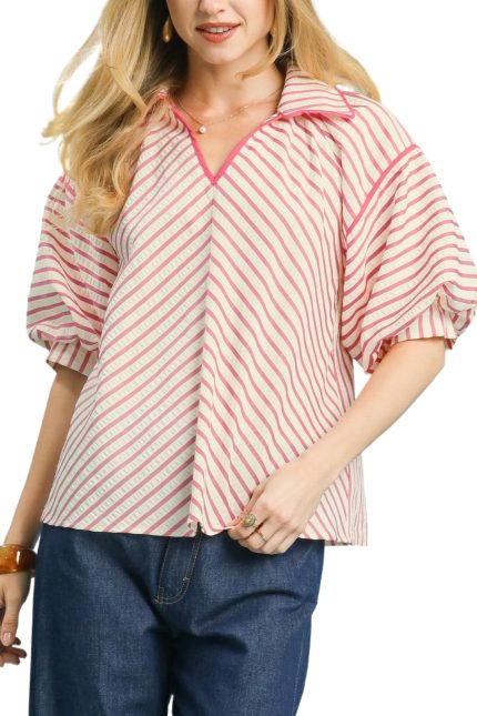 Chevron Stripe Collared Relaxed Top