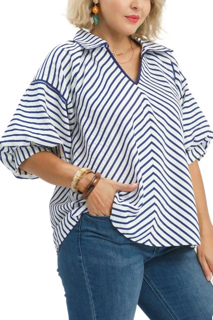 Plus Chevron Stripe Collared Relaxed Top