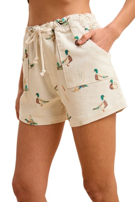 Mallard Duck Print Drawstring Relaxed Fit Shorts