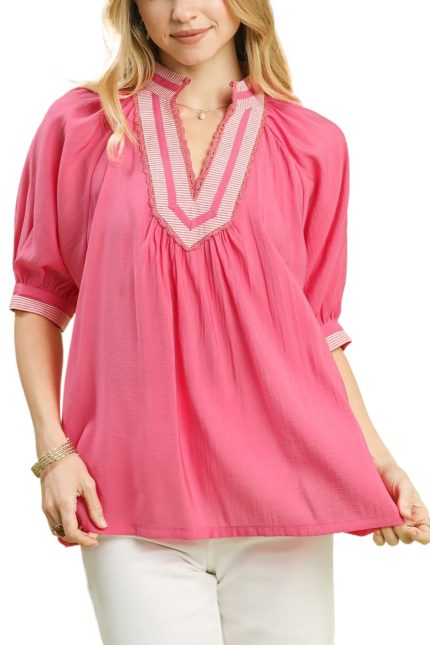 Solid Contrast Trim Pleated Top