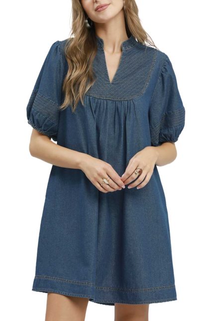 Chambray Dress Puff Sleeve Dress