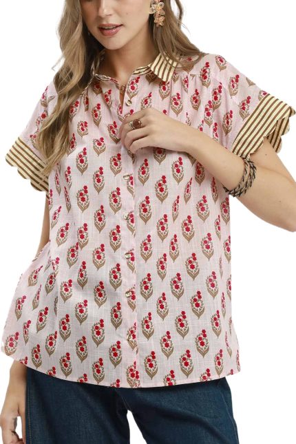 Block Print Button-front Top