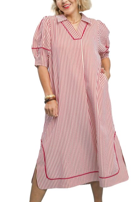 Plus Striped Midi Dress With Puff Sleeves