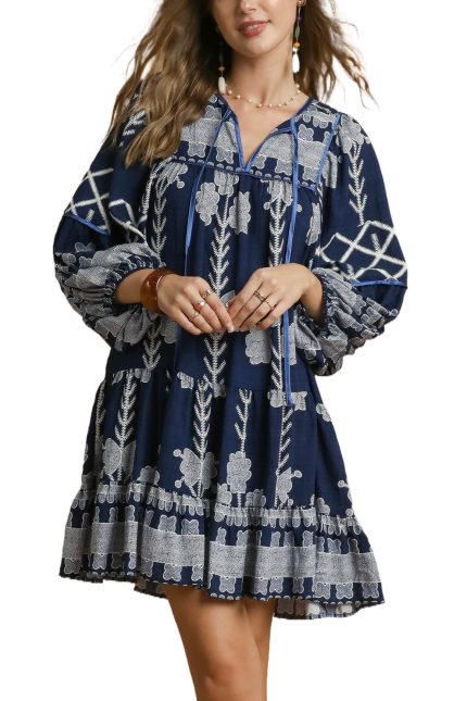 Tribal Print Dress With Tie Neck