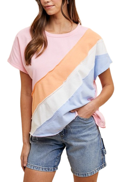 Diagonal Color Block French Terry Pullover Top