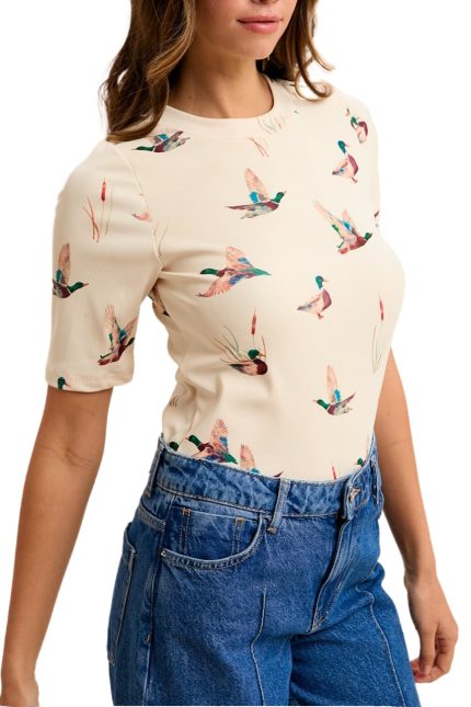 Mallard Duck Print Rib Knit Short Sleeve Top