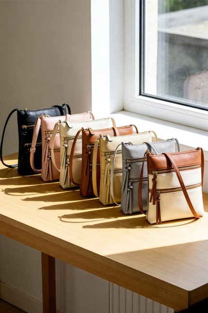 Vegan Leather Triple Zipper Crossbody Shoulder Bag