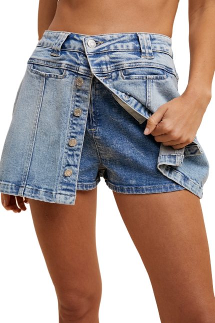 Button Detail Stretch Denim Wrap Mini Skort