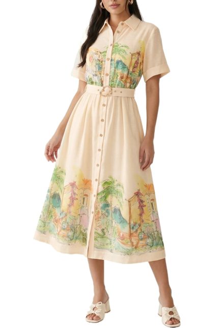Village Print Belted Midi Dress