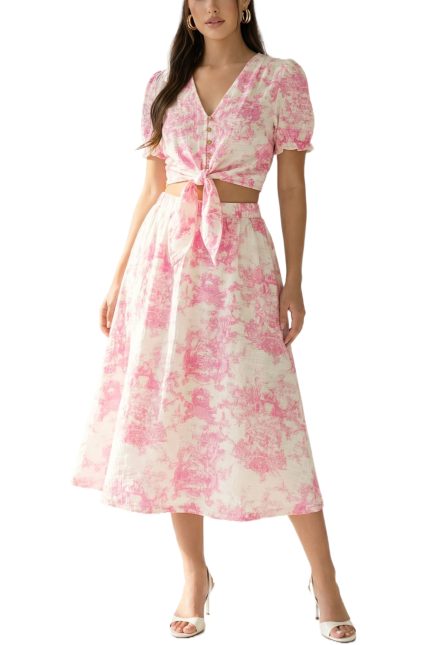 Front Tie Top And Midi Skirt Set