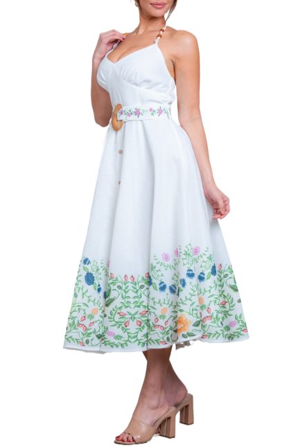 Halter Neck Linen Floral Midi Dress