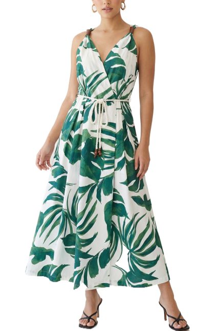 V-neck Leaf Print Maxi Dress