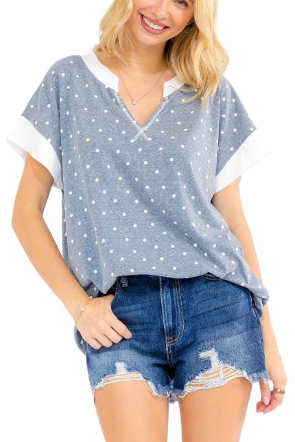 Polka Dot Contrast Trim V Neck Top