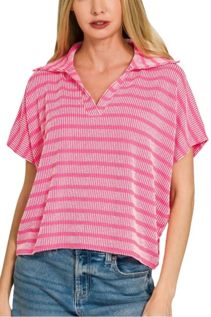 Raised Rib Striped Collared Top