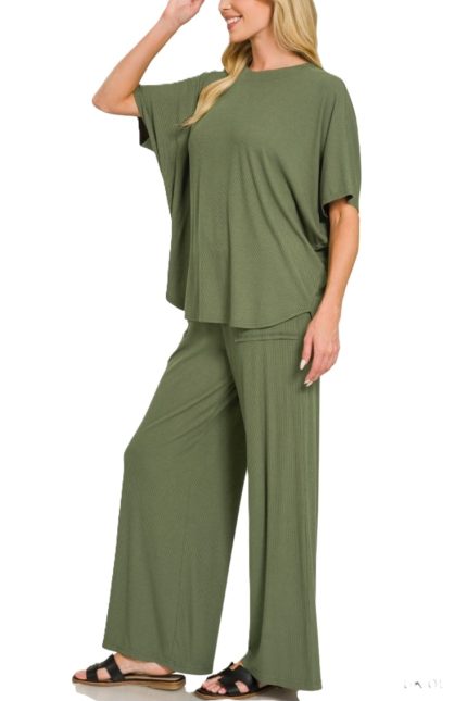 Ribbed Rayon Relaxed Fit Top And Pants Set