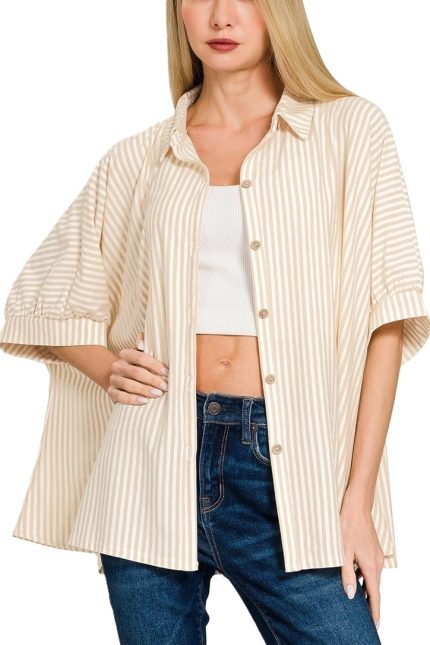 Plus Oversized Stripe Button-down Stretch Knit Shirts