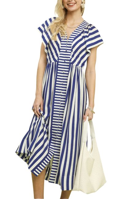 Striped Button-front Midi Dress