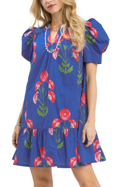 Floral Print Mini Dress With Scallop Trim