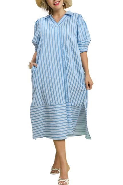 Plus Striped Puff Sleeve Midi Dress