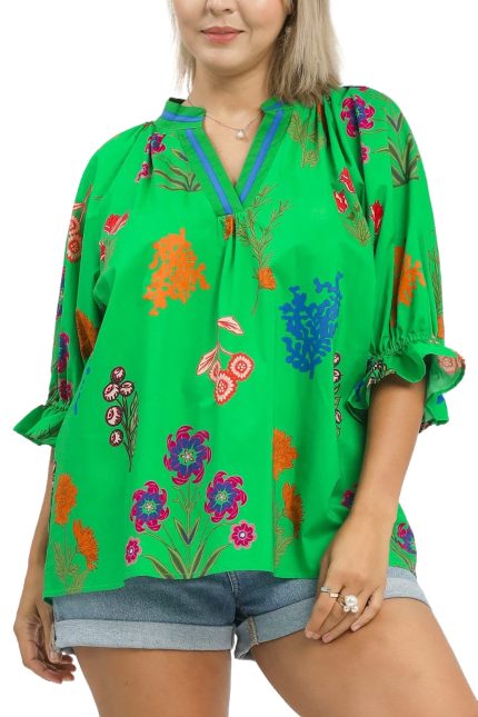 Plus Floral Print Puff Sleeve Top