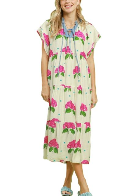 Hydrangea Print Tiered Midi Dress