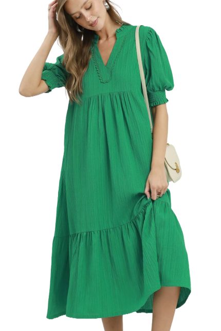 Textured Puff Sleeve Midi Dress