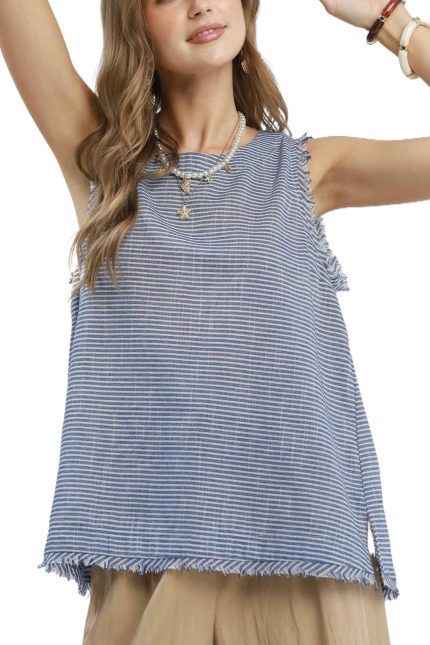Stripe Fringe Trim Sleeveless Top