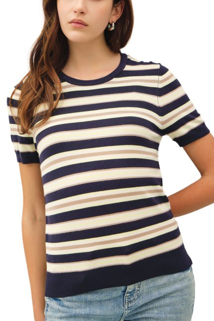 Classic Fit Striped Short Sleeve Sweater Top