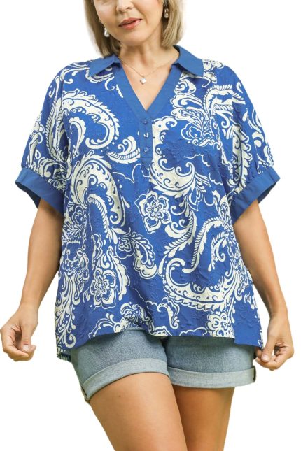 Plus Paisley Print Button-up Collared Top