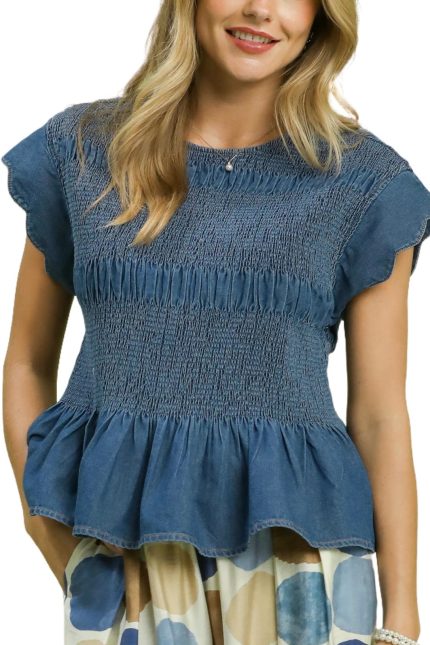 Chambray Smocked Peplum Top