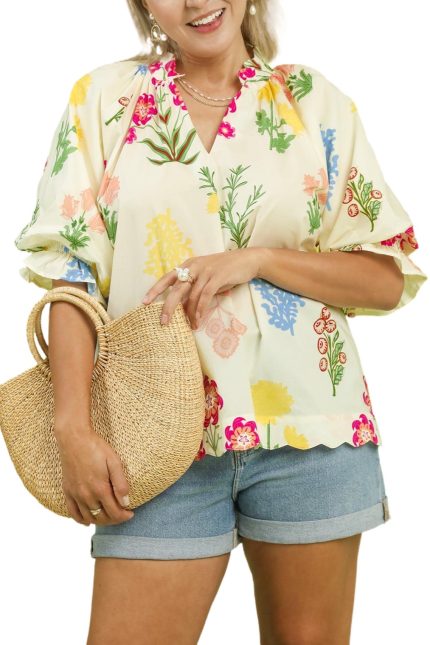 Plus Floral Scalloped Hem Top