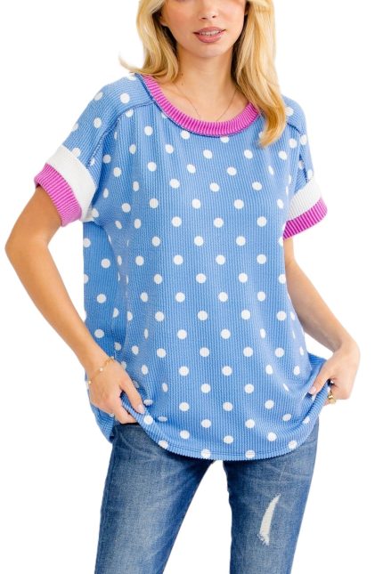 Polka Dot Contrast Trim Short Sleeve Top