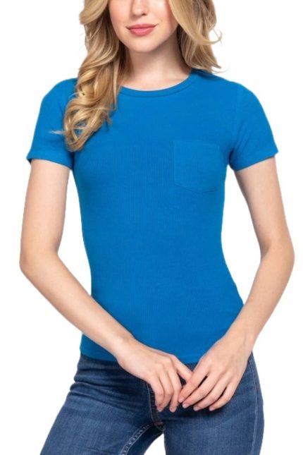 Short Sleeve Crew Neck W/pocket Rayon Spandex Rib Top