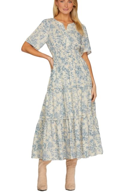Floral Print V Neck Tiered Midi Dress