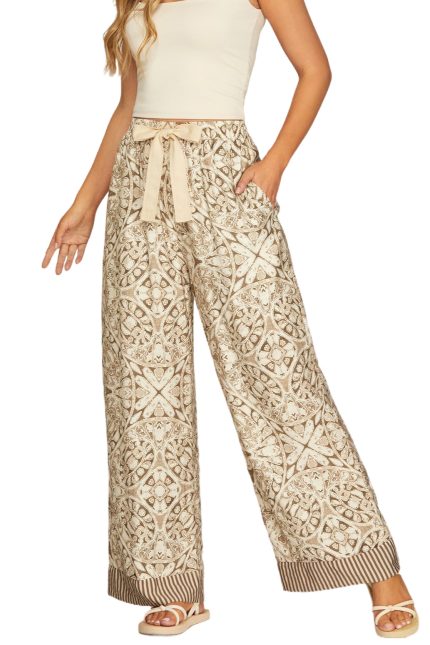 Contrast Hem Wide Leg Woven Print Pants
