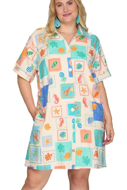 Plus Button Down Collared Mini Dress