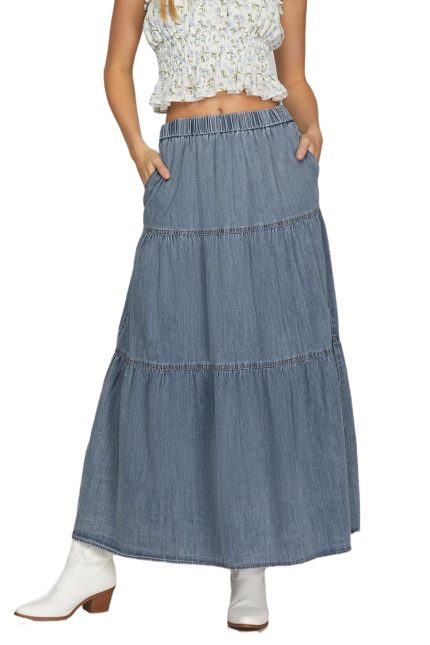 Washed Denim Tiered Long Skirt