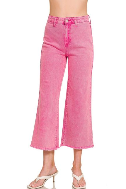 Acid Washed High Waist Frayed Hem Straight Pants