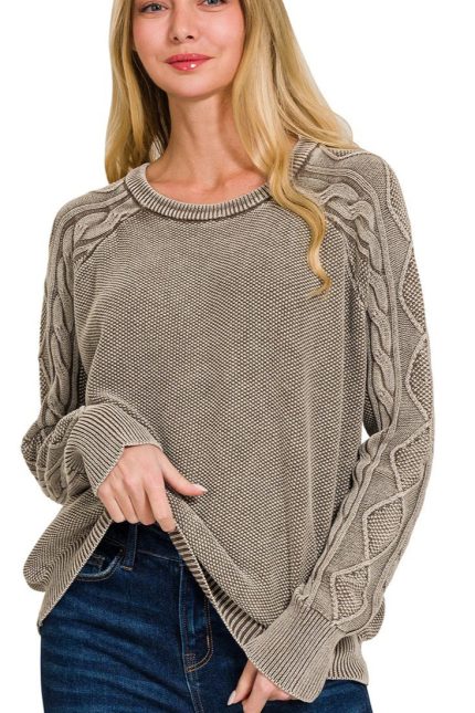 Stone Washed Cable-sleeve Crewneck Sweater