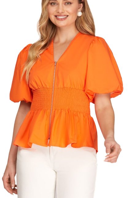Puff Sleeve Waist Smocking Front Zipper Top