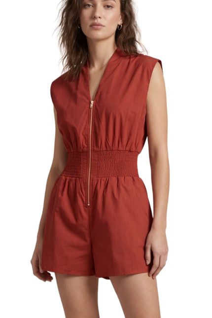 Cap Sleeve Woven Smocked Waist Front Zip Romper